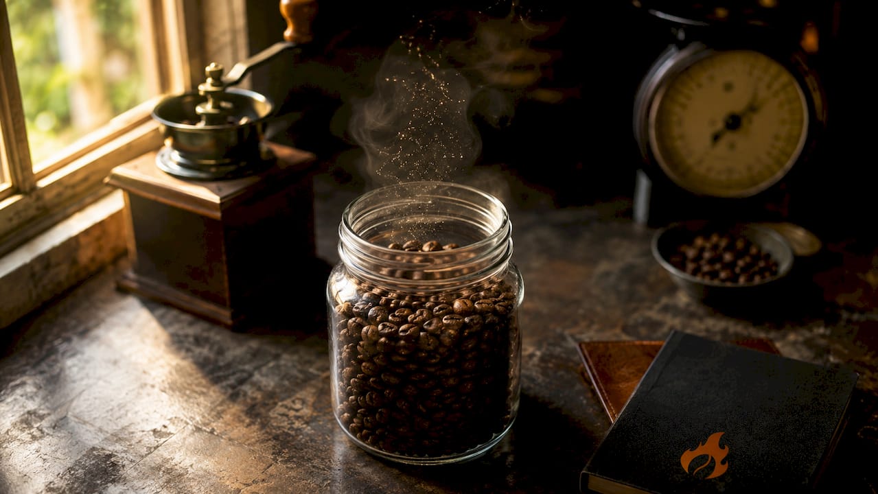 Coffee beans releasing CO2 in jar