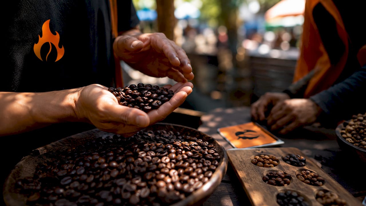 Hands examining freshly roasted coffee beans closely