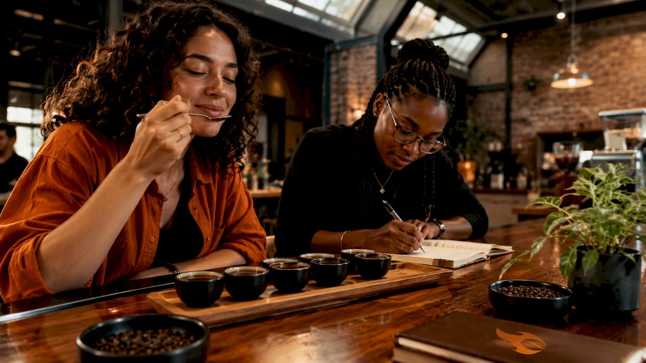 Two women tasting bold coffee blends in café