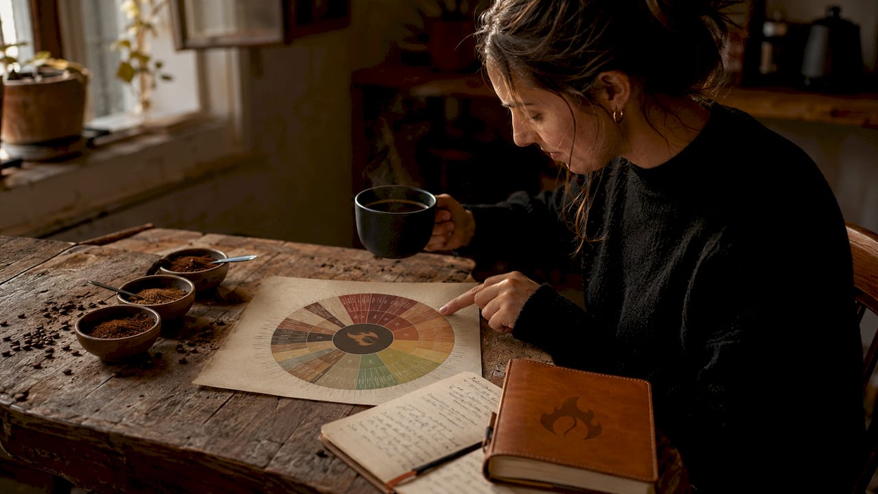 Hands pointing at coffee flavor wheel with tasting cup