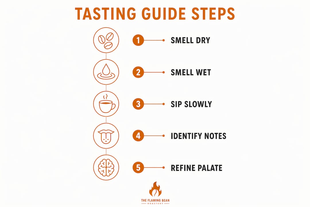 Infographic outlining coffee tasting steps using flavor wheel