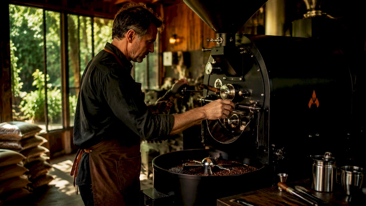 Hands adjusting coffee roasting equipment controls