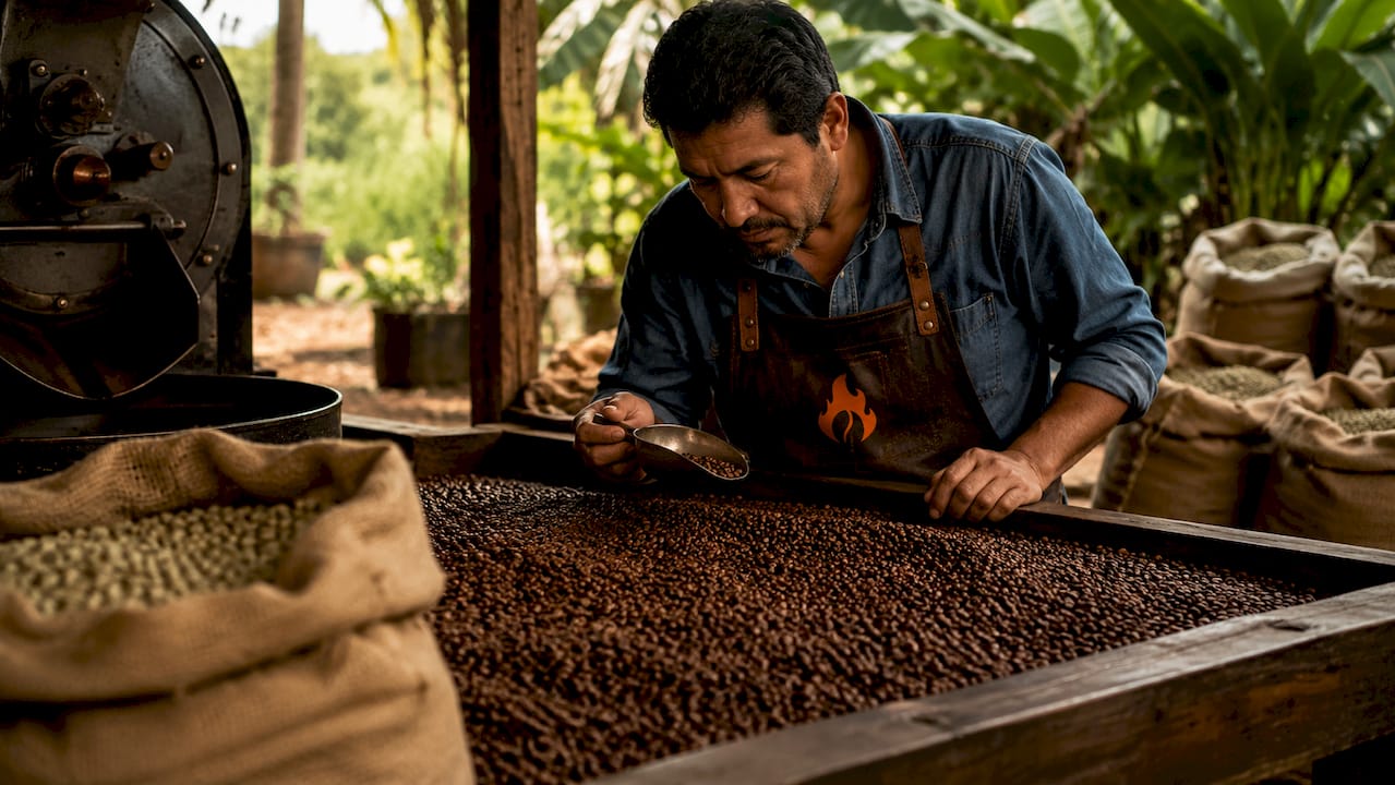 Man checking coffee beans in roaster