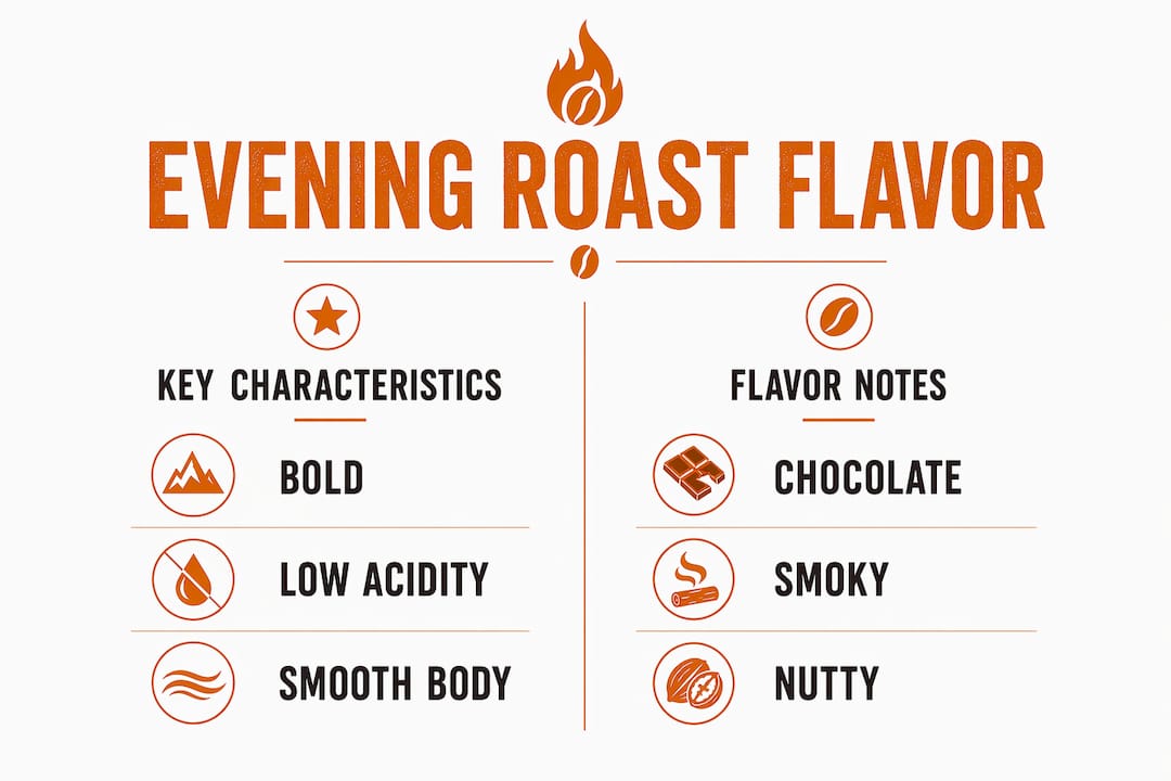 Infographic comparing evening roast coffee characteristics and flavor notes