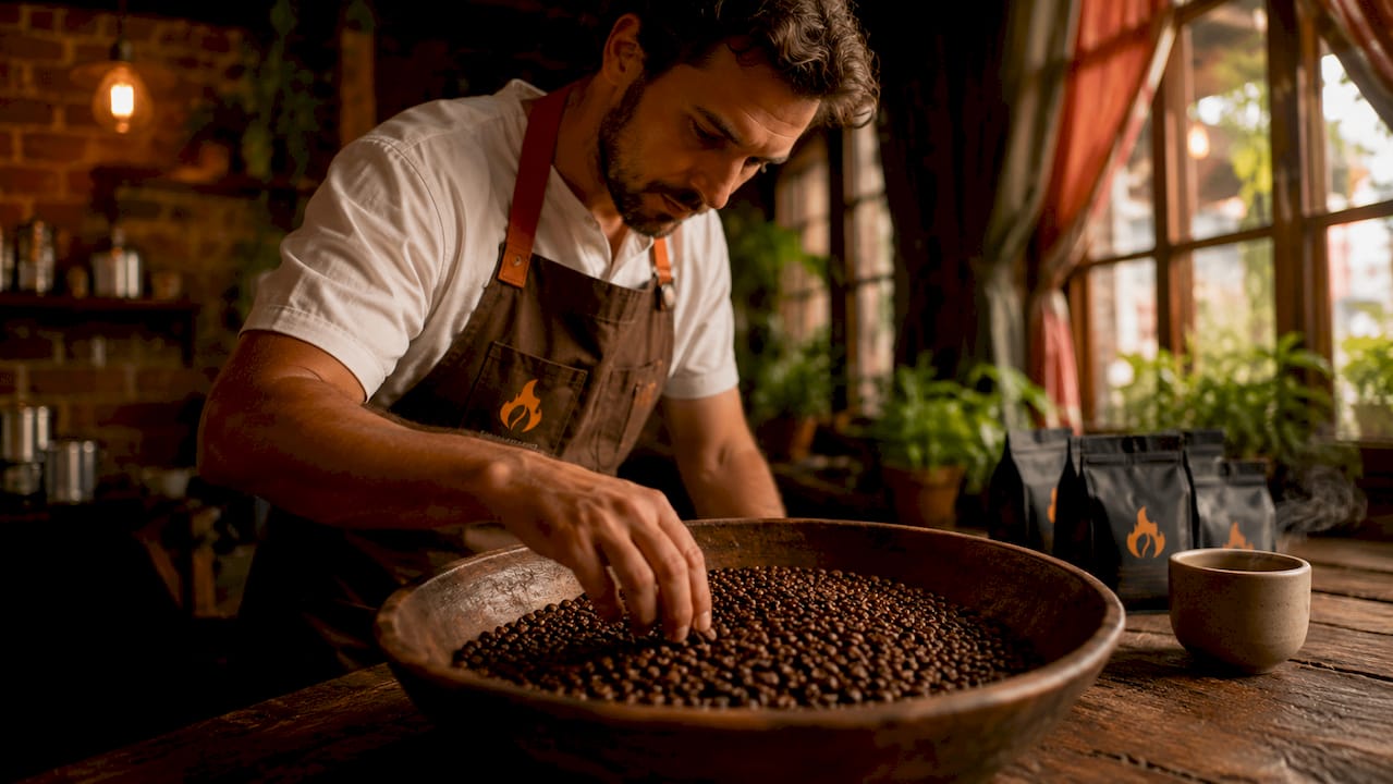 Man inspecting freshly roasted coffee beans at home