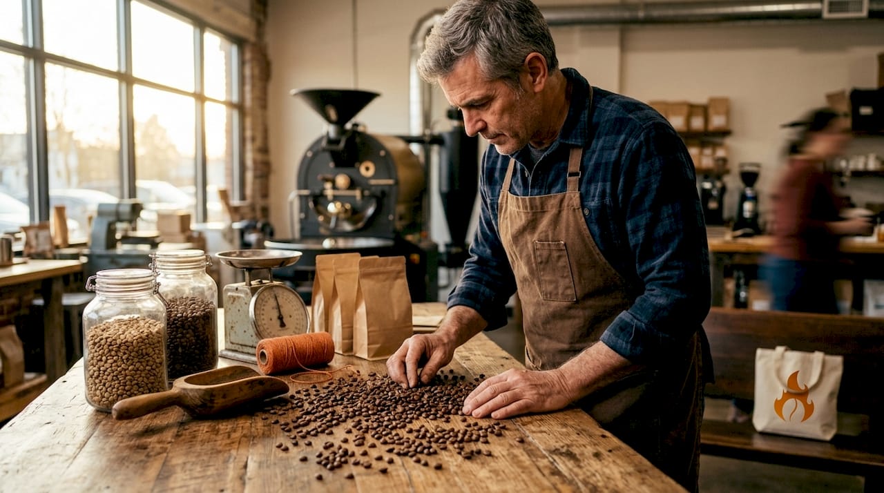 Hands inspecting coffee beans in roasting workshop