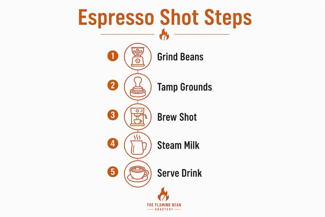 Infographic showing five-step espresso shot preparation process