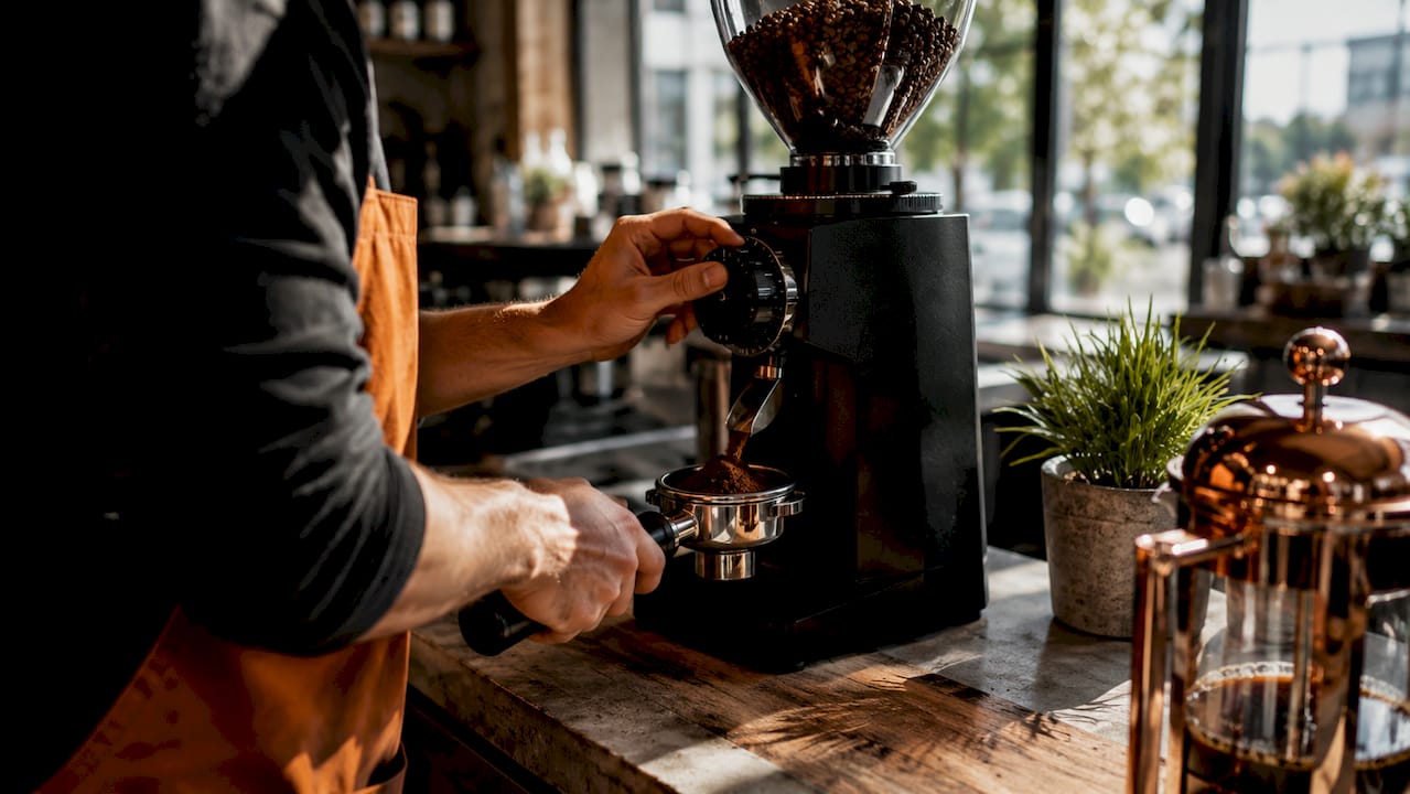 Close-up hands adjusting burr coffee grinder settings