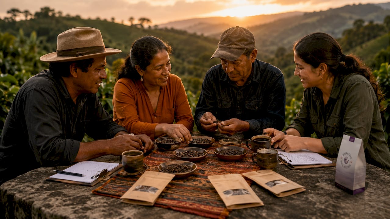 Coffee farmers reviewing beans at cooperative meeting