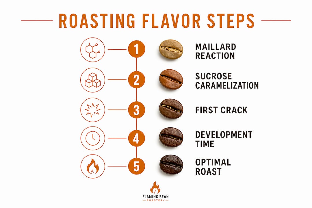 Infographic of coffee roasting stages affecting chocolate flavor