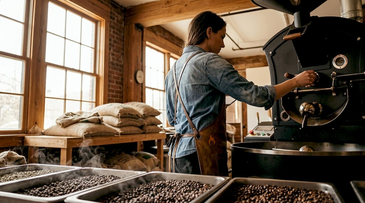 Coffee roaster operating drum roaster close-up