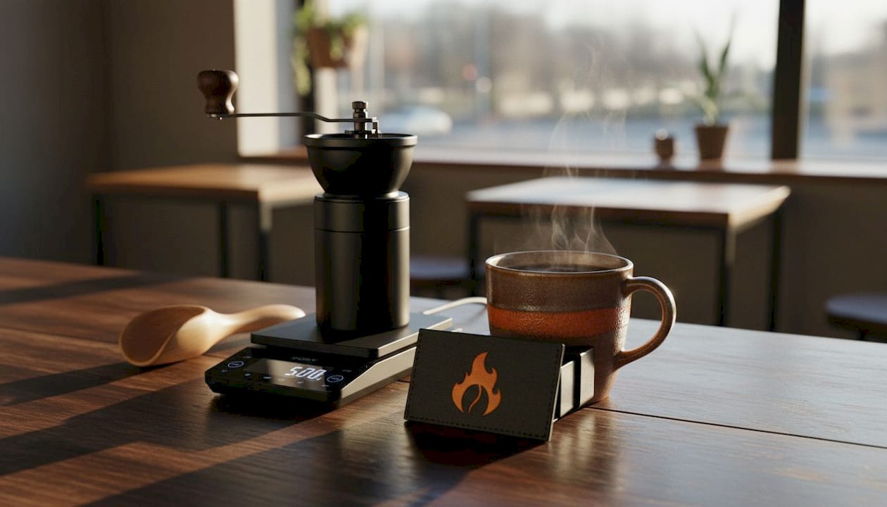 Close-up of coffee scale and grinder on kitchen counter
