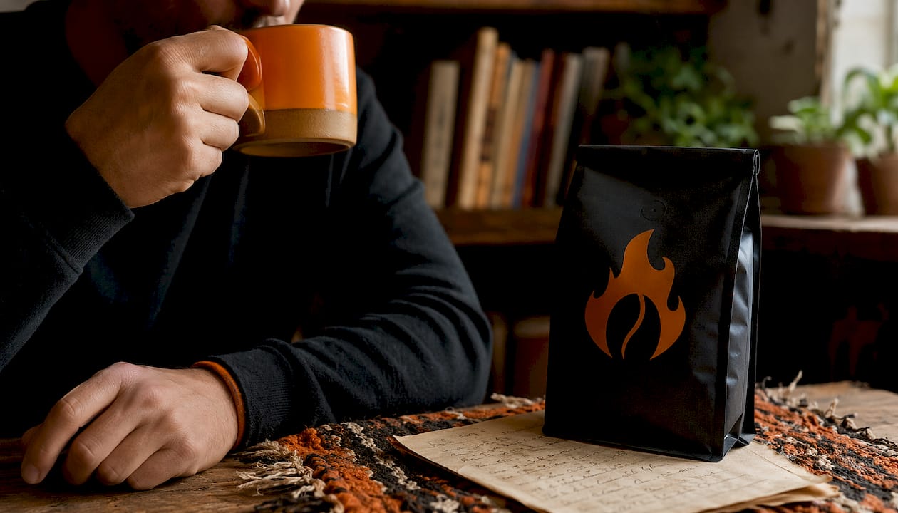 Hands holding branded coffee cup and bag