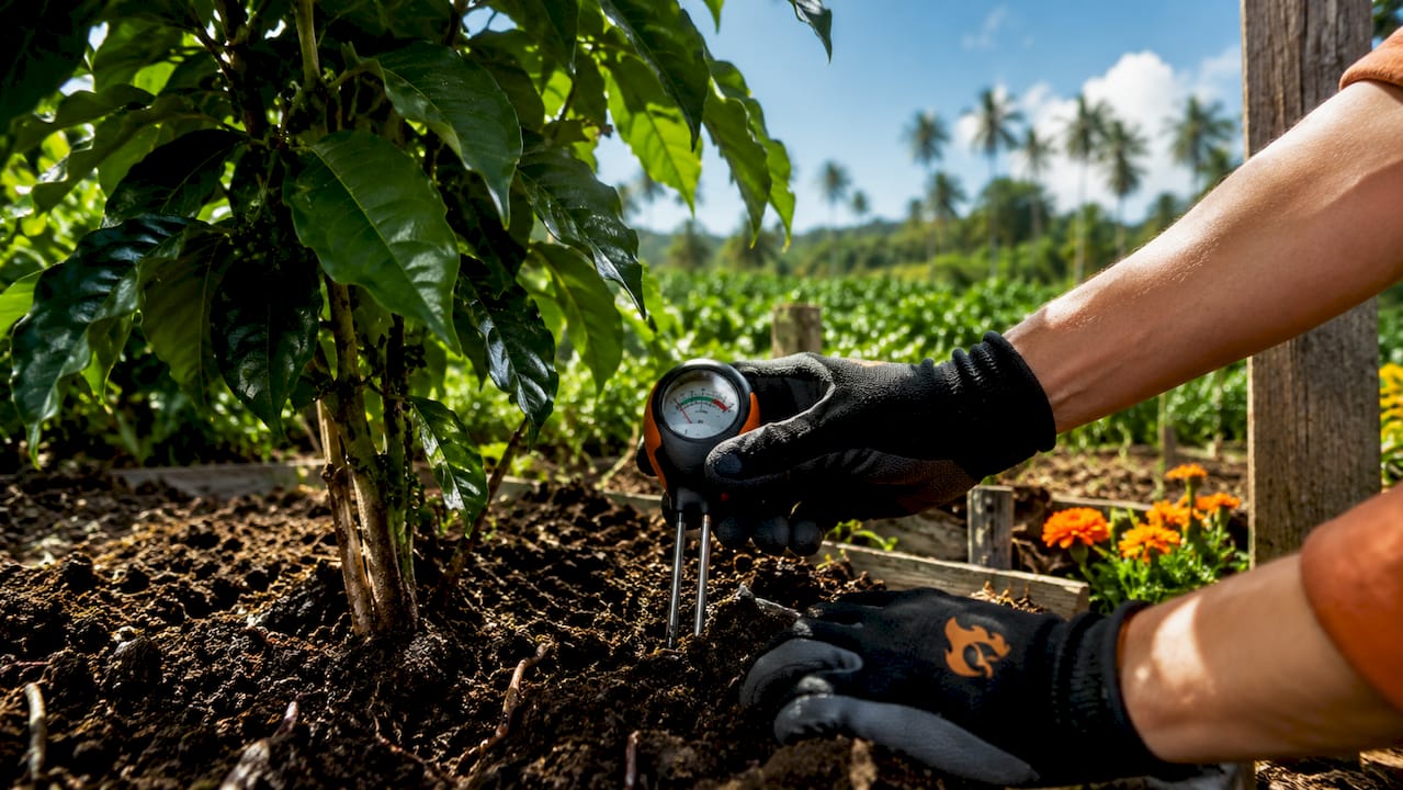 Hands testing soil pH near coffee plant roots