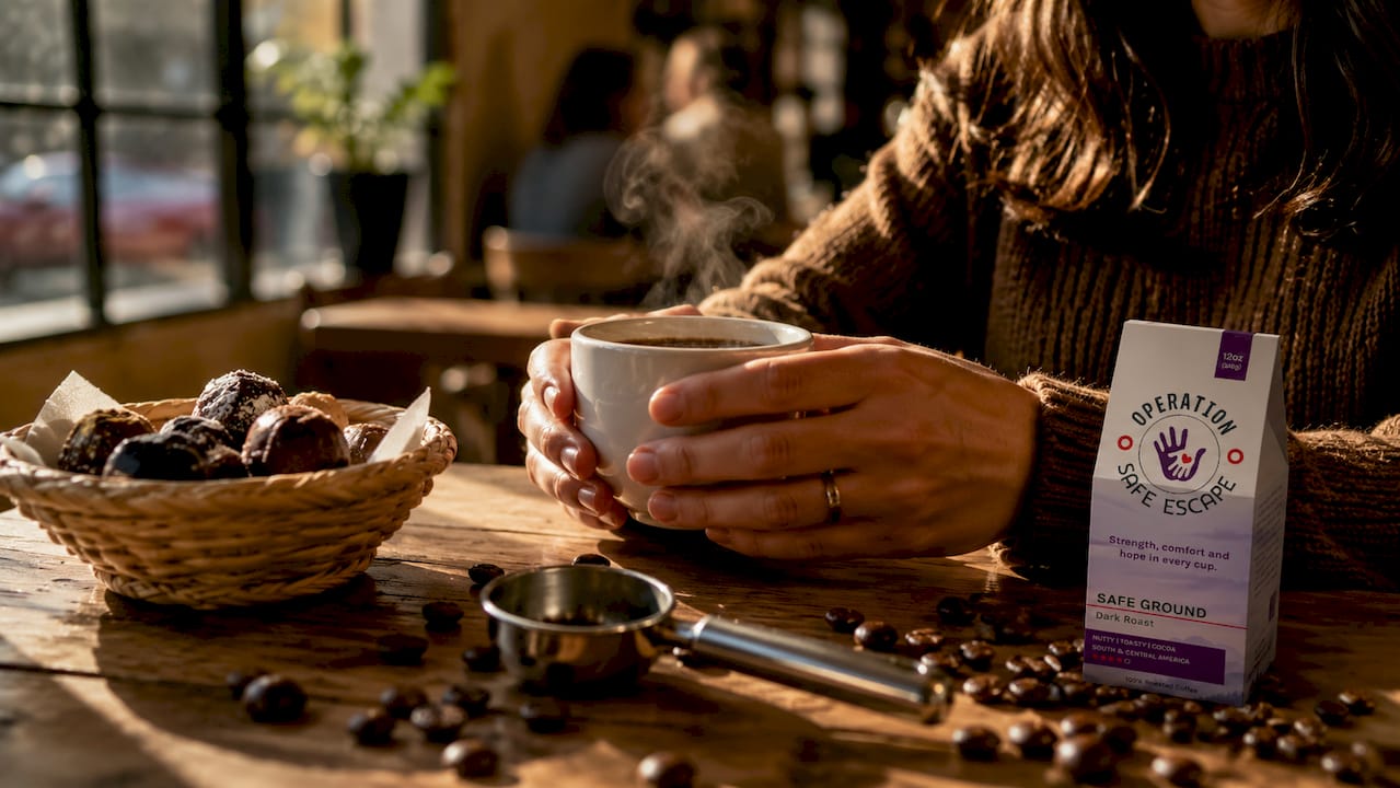 Hands holding coffee cup in artisan café