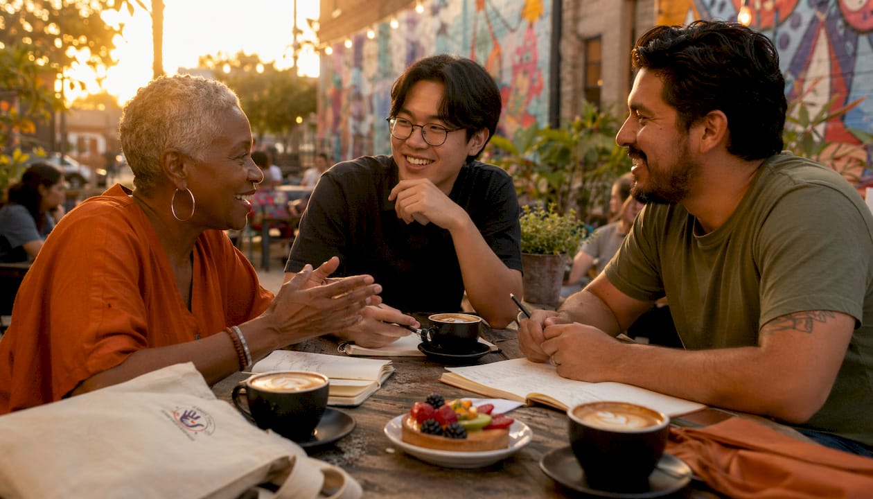Diverse group discussing at urban coffee shop table