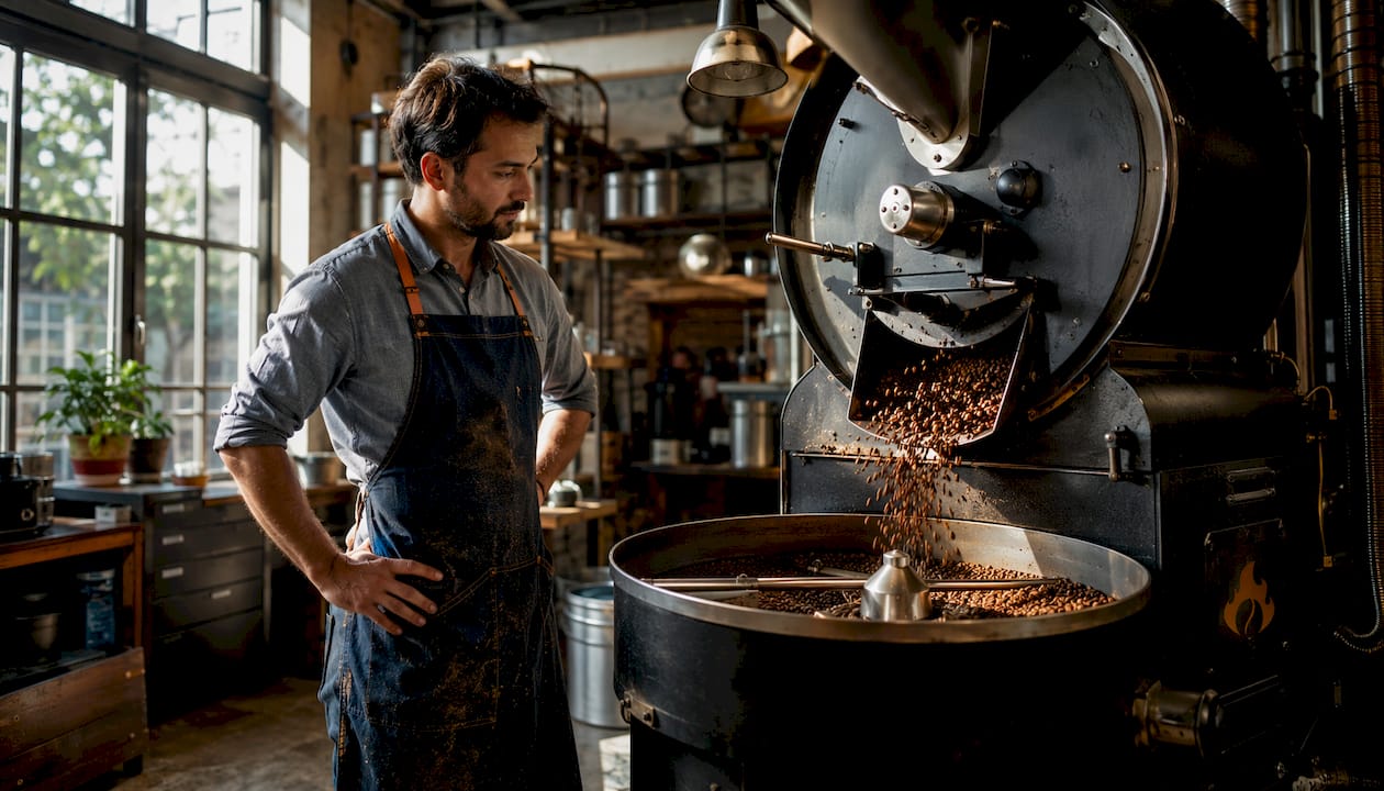 Hands adjusting coffee roasting machine