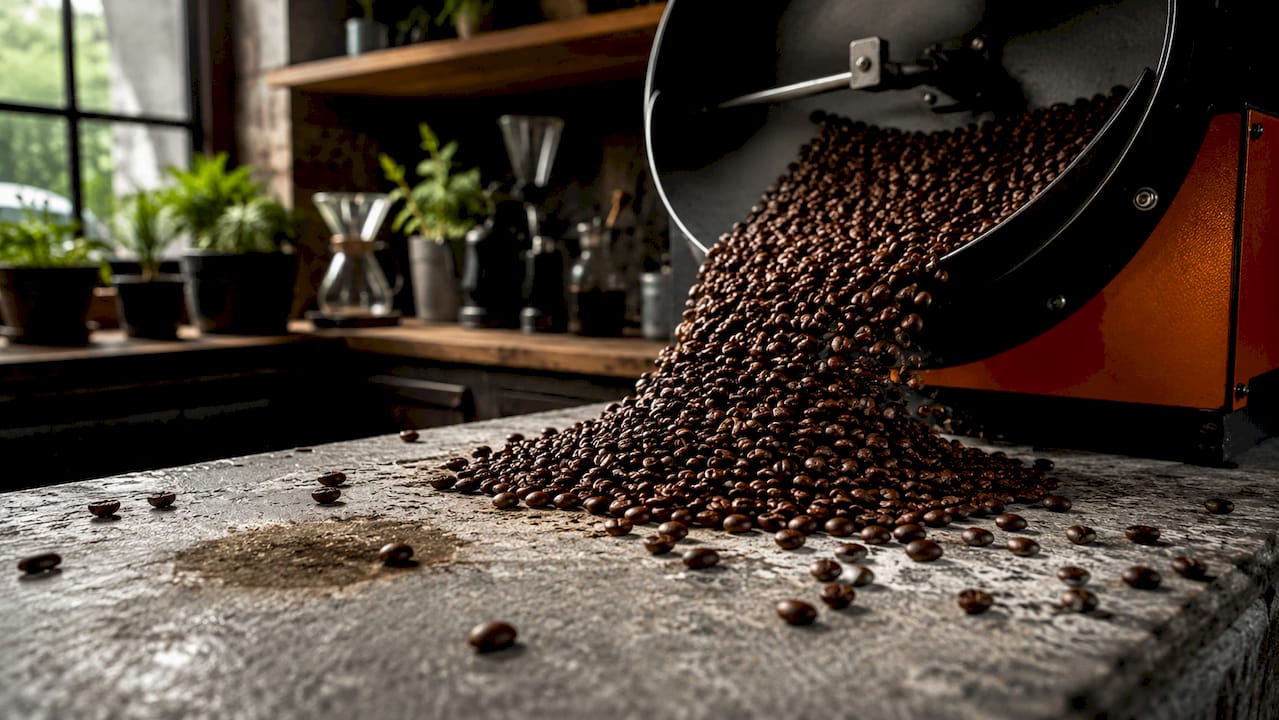 Close-up freshly roasted coffee beans pouring