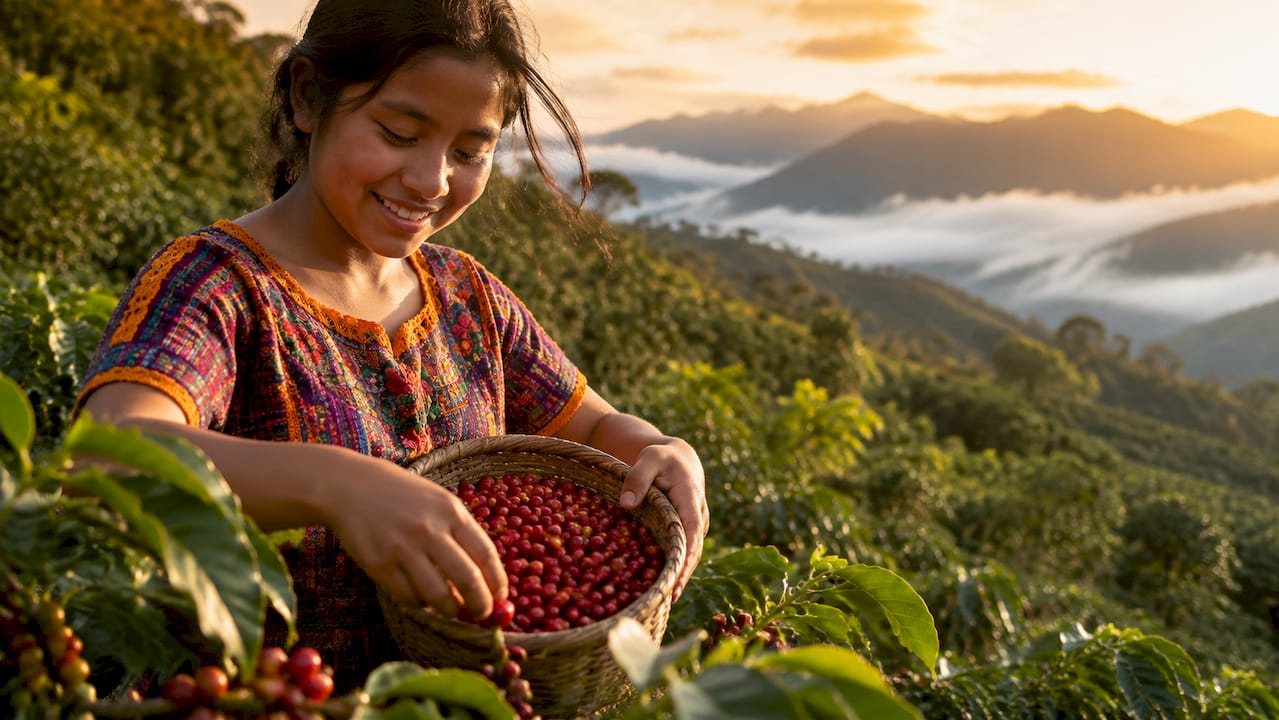 Coffee farmer harvesting at plantation