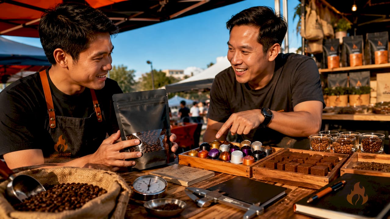 Two men discussing various coffee packaging formats