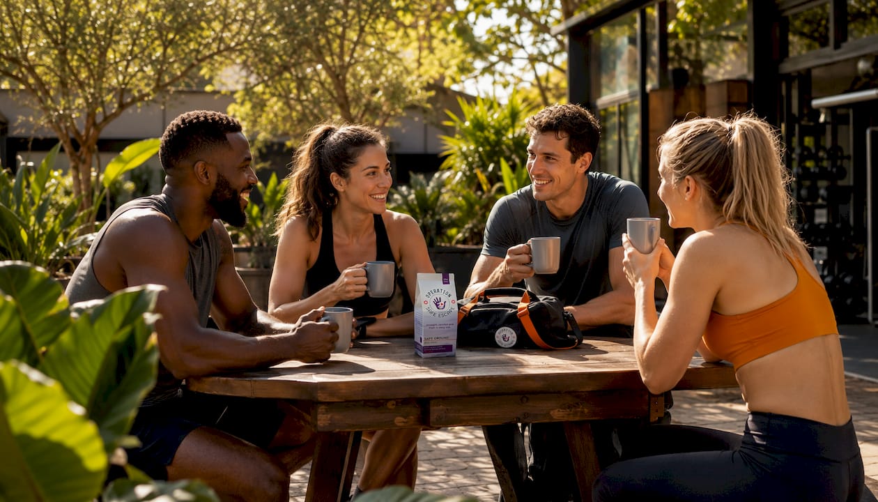 Gym members enjoying branded coffee together