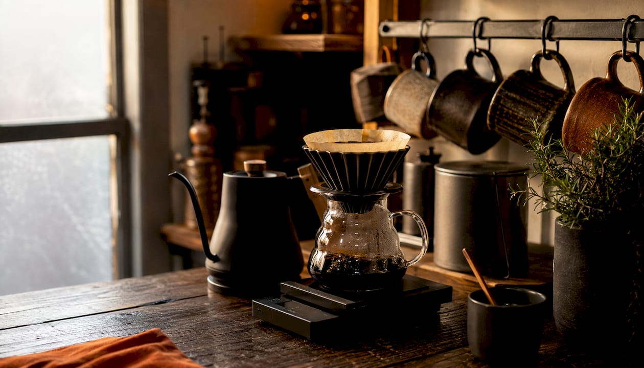 Home pour-over and French press coffee setup