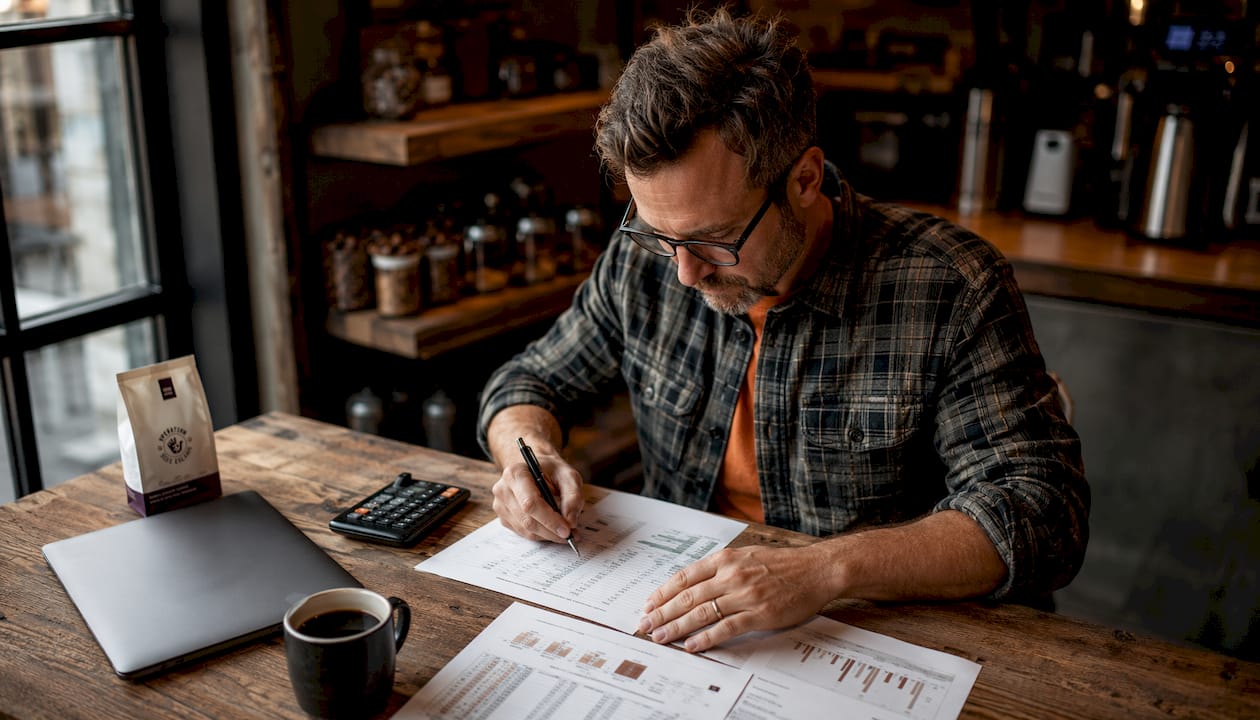 Entrepreneur calculating ecommerce coffee margins