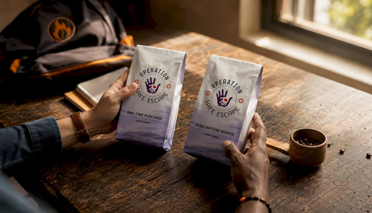 Hands comparing coffee subscription and one-time purchase bags
