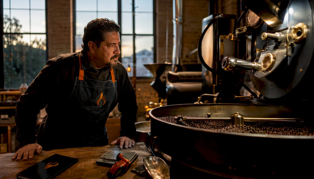 Artisan roasting coffee beans in workshop