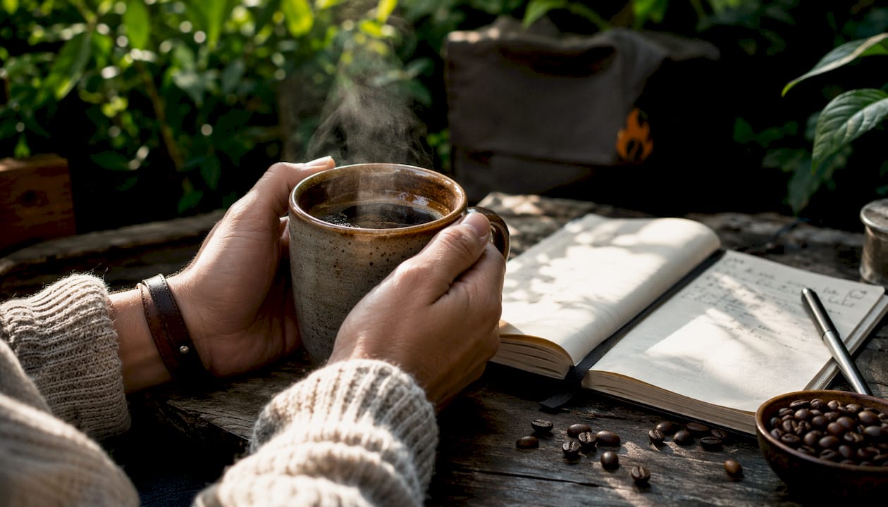 Close-up hands holding dark roast coffee cup