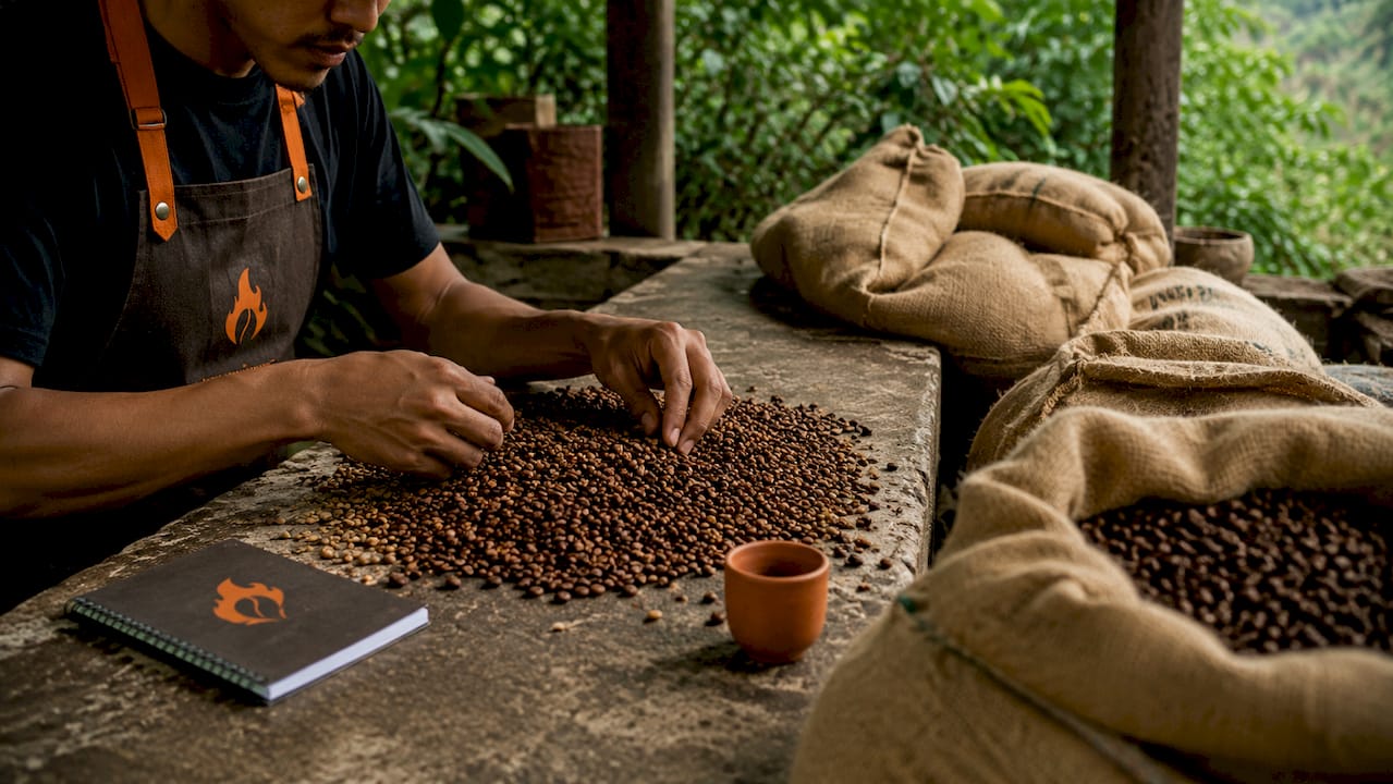Close-up of hands sorting sun-dried coffee beans