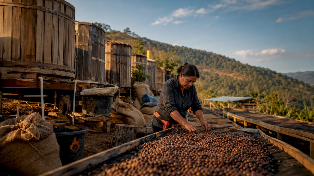 Woman checking beans on coffee drying bed outdoors
