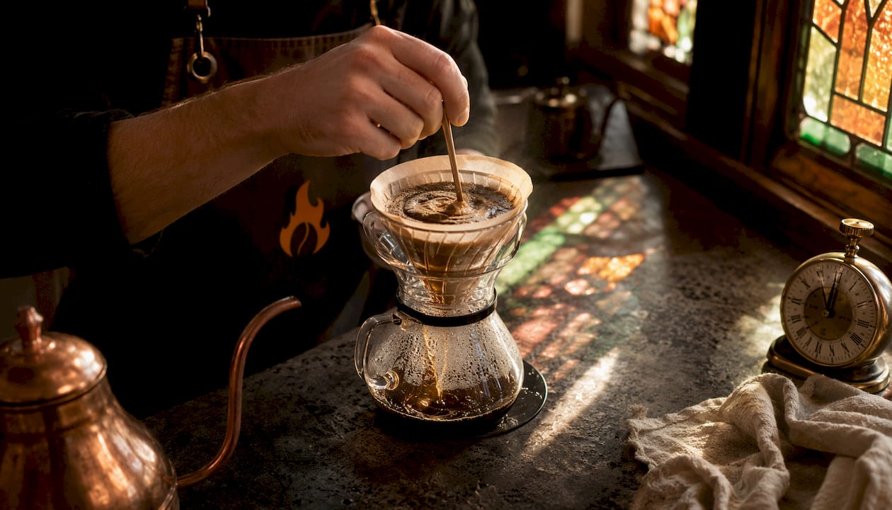Barista swirling water in pour-over brewer