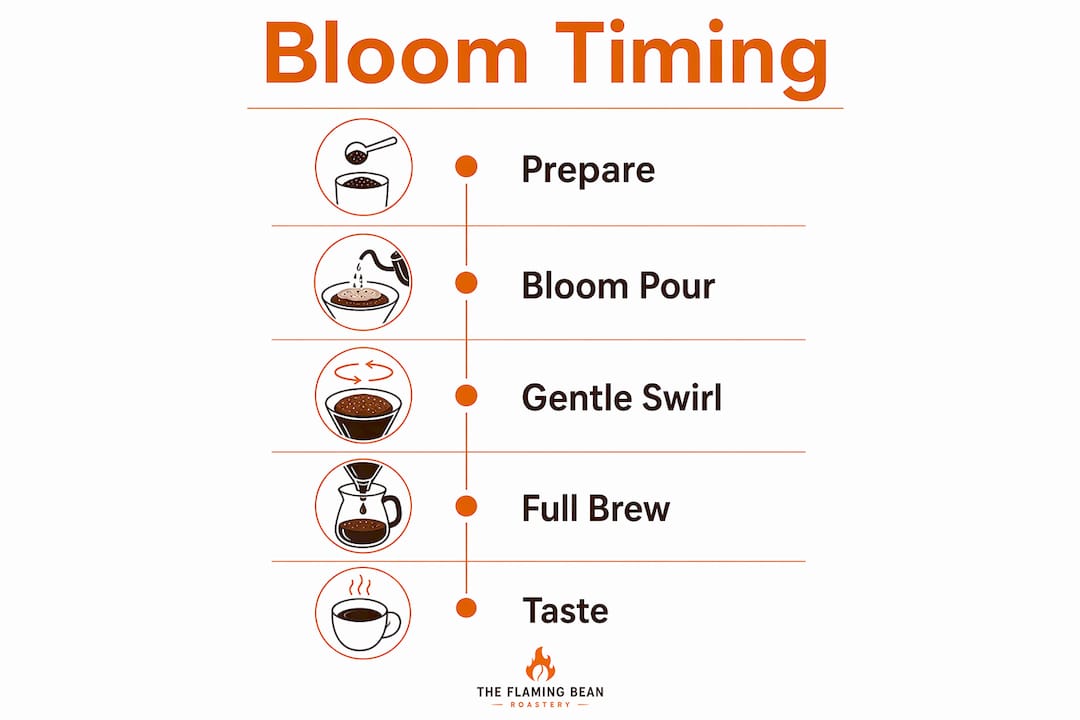 Infographic showing coffee bloom steps and timing