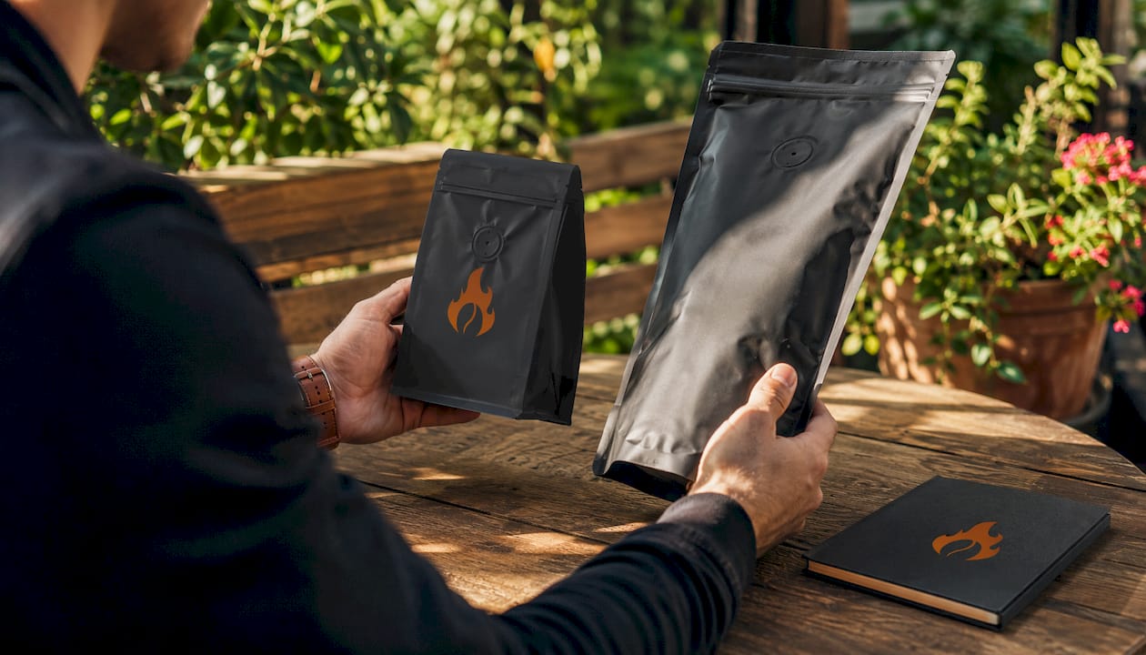 Hands comparing coffee packaging formats