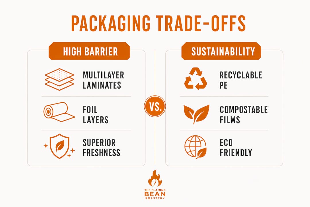 Infographic comparing barrier performance and sustainability in coffee packaging