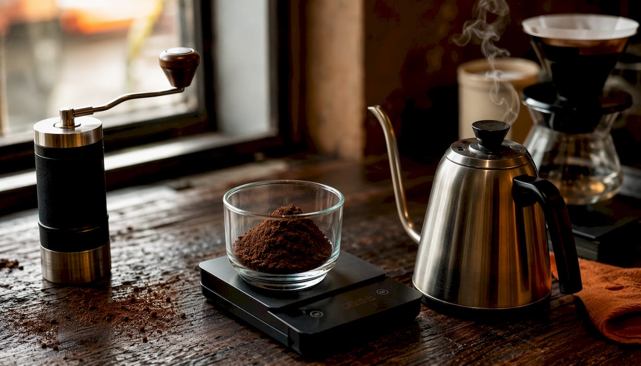 Close-up of essential coffee brewing tools