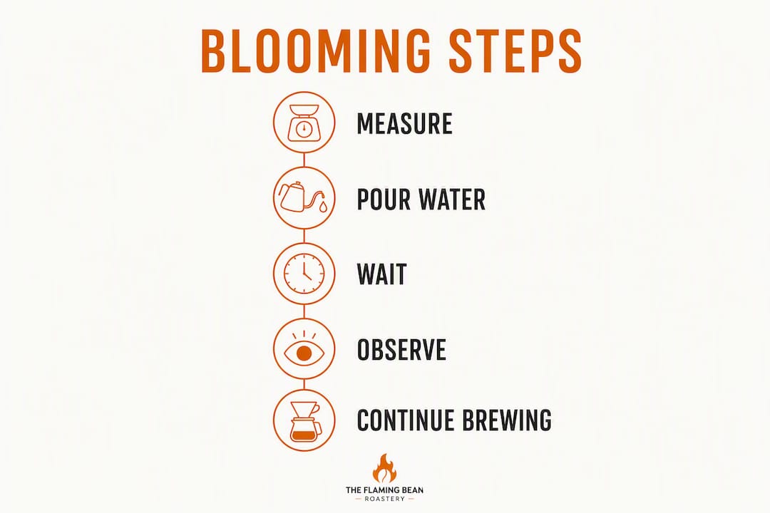 Step-by-step coffee bloom infographic