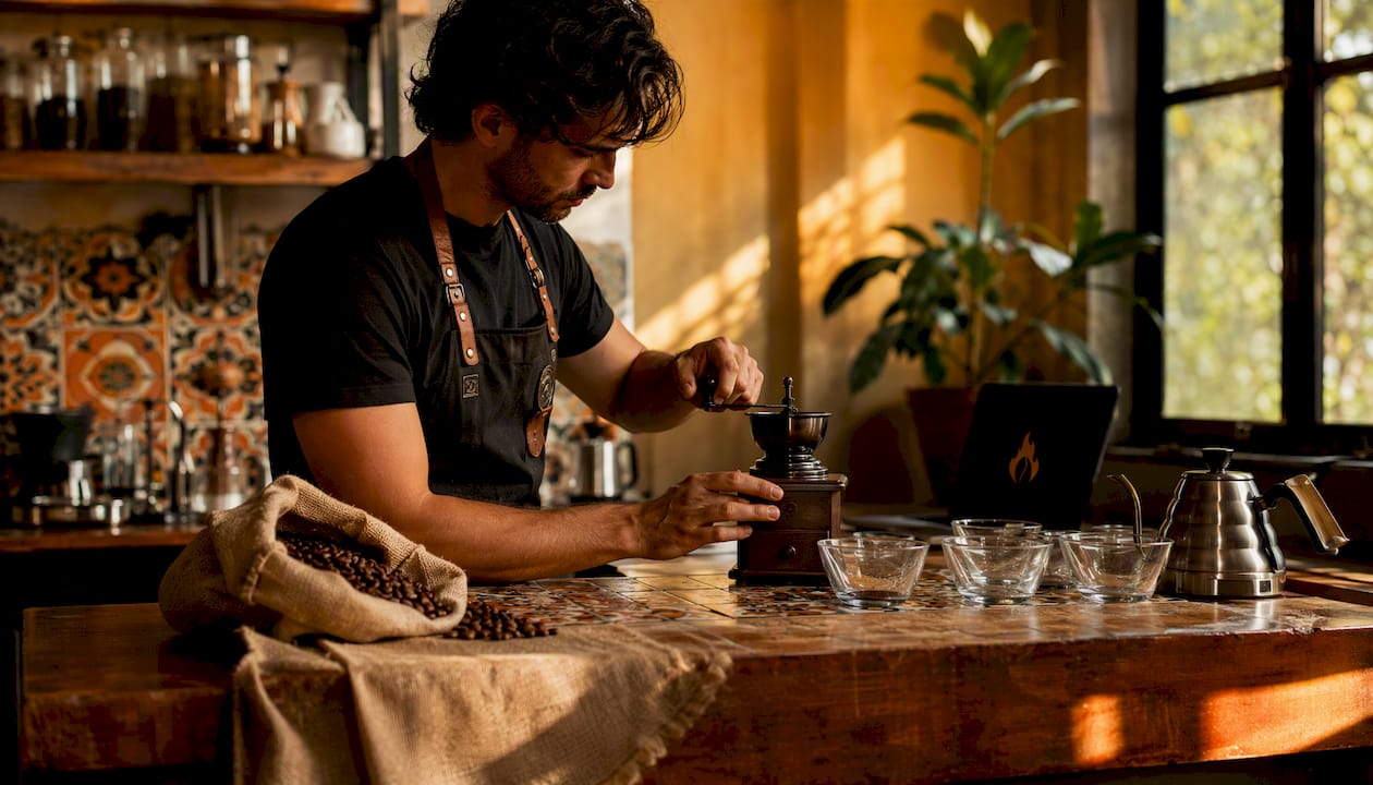 Hands adjusting manual coffee grinder for cupping