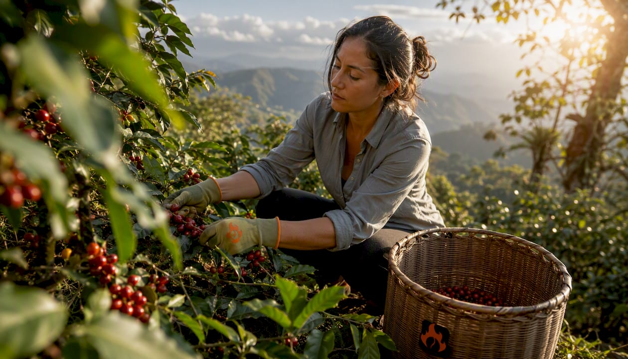 Female coffee picker harvesting ripe cherries by hand