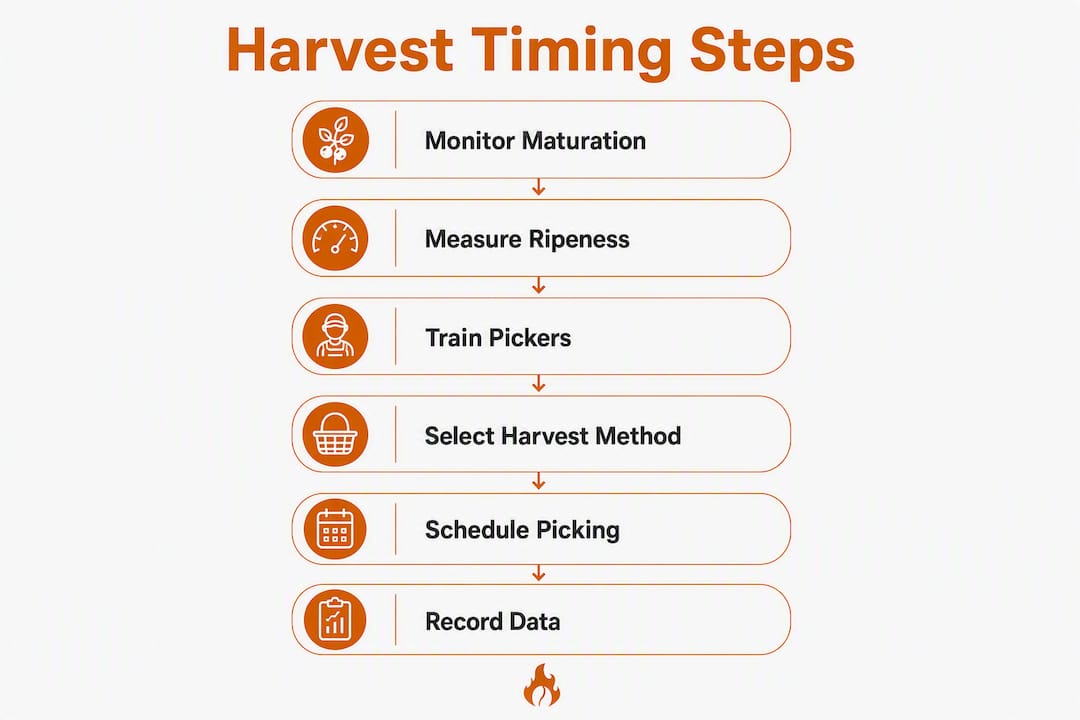 Infographic illustrating steps for optimal coffee harvest timing