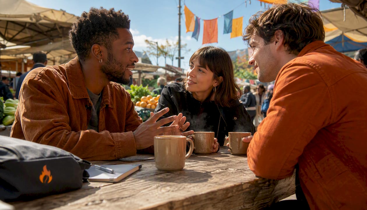 Group discussing coffee sensitivity in café