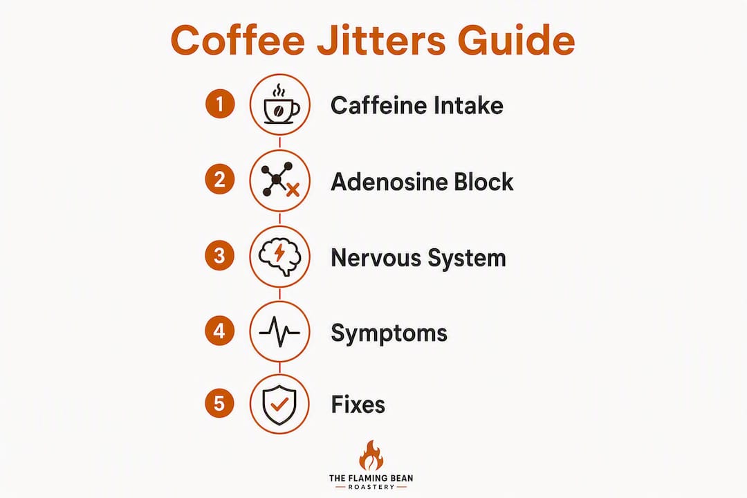 Infographic showing stages of coffee jitters and fixes
