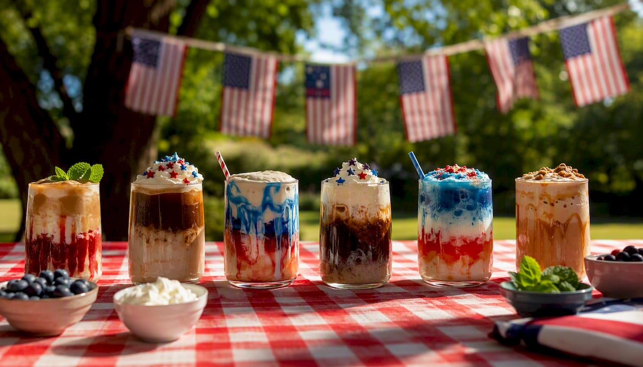 Six patriotic coffee drinks overhead view
