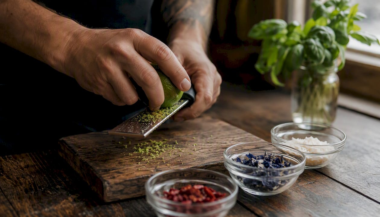 Hands preparing garnishes for coffee drinks