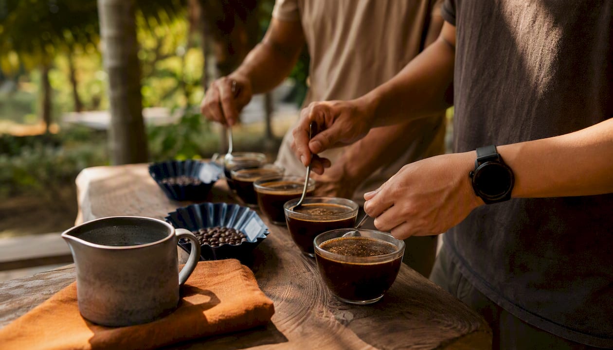 Hands cupping coffee in a direct trade tasting