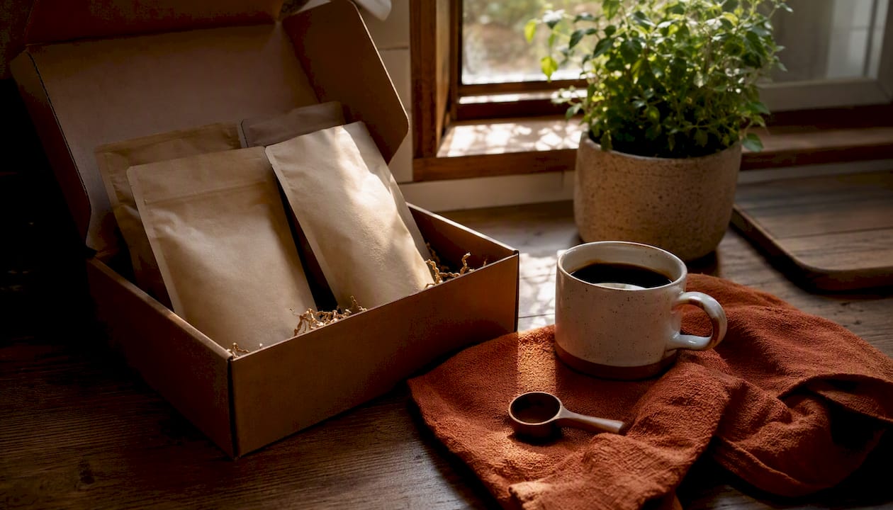 Coffee subscription box with bags and mug