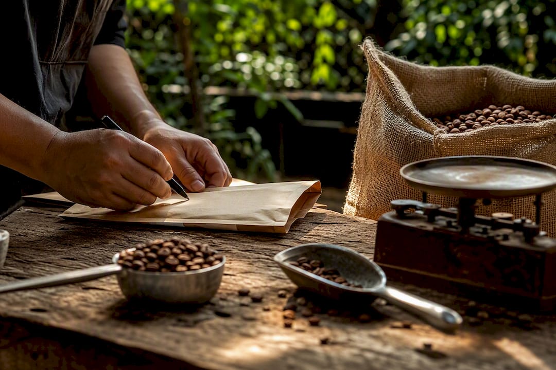 Hands labeling coffee inventory bags