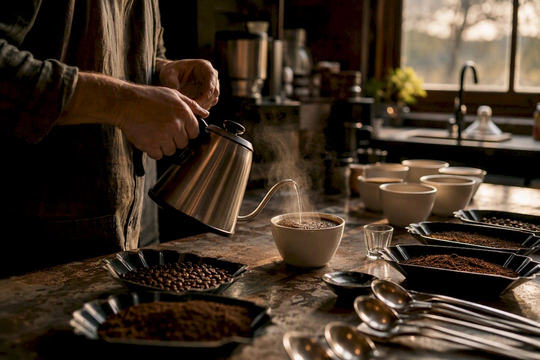 Hands pouring water during coffee cupping