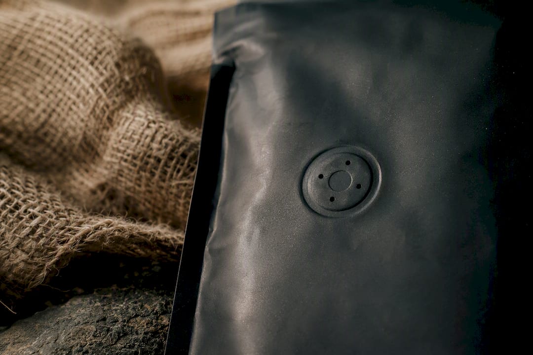 One-way valve on coffee bag close-up